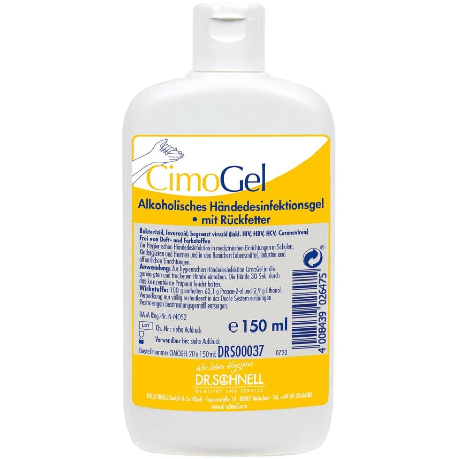 Biela 150 ml fľaša Dr. Schnell CIMOGEL dezinfekcia rúk od DR.SCHNELL GmbH & Co. KGaA, so žltou etiketou s nemeckým textom, modrým logom, bielym flip-top uzáverom a návodom na dezinfekciu rúk a ochranu pred baktériami.
