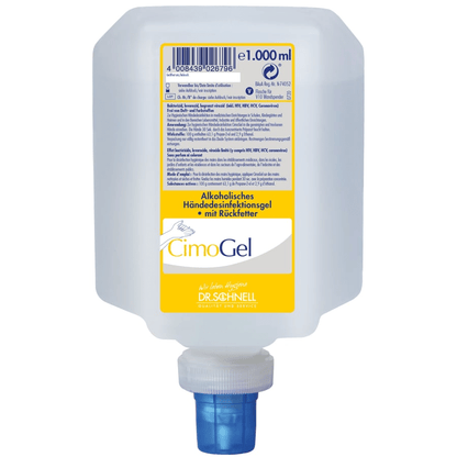 1000 ml priehľadná plastová fľaša Dr. Schnell CIMOGEL dezinfekcia rúk od DR.SCHNELL GmbH & Co. KGaA, s modrým dávkovacím uzáverom a nemeckou etiketou, poskytuje dezinfekciu rúk a ochranu pred baktériami a vírusmi.