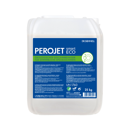 Ein weißer 25 kg Kunststoffbehälter des Dr. Schnell PEROJET smart ECO Geschirrreinigers der DR.SCHNELL GmbH & Co. KGaA, mit blauer, grüner und weißer Grafik. Das deutsche Etikett weist ihn als biologisch abbaubaren, umweltfreundlichen gewerblichen Geschirrspülreiniger aus.