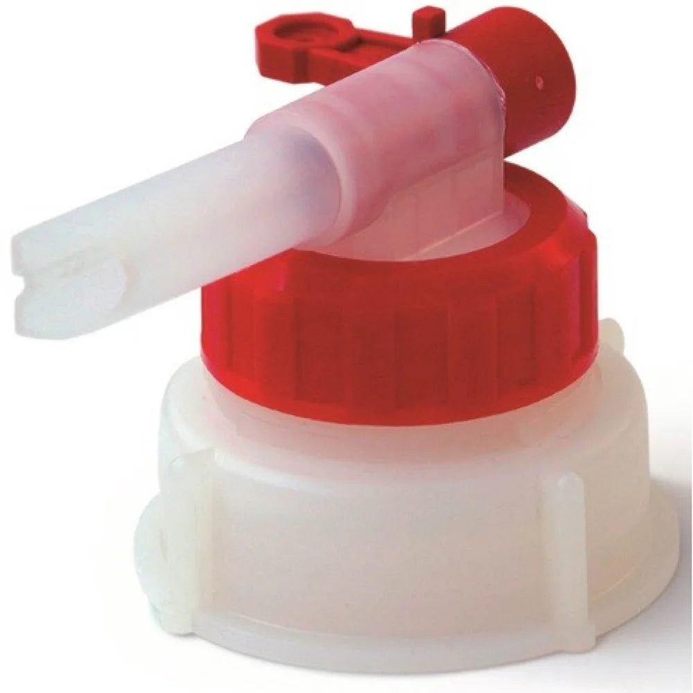 Dr. Schumacher kanistrový kohútik (1 kus) od Dr. Schumacher GmbH má červené otočné uzáver, biely závitový základ a priehľadný, zahnutý výtok s ryhovanými úchytmi na jednoduché nalievanie tekutín z nádoby.