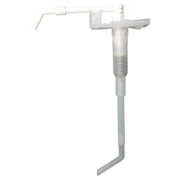 Plastová pumpa Dr. Schumacher od spoločnosti Dr. Schumacher GmbH je biela, robustná dávkovacia pumpa s dlhým, zahnutým hadicou a vodorovným výtokom - ideálna na dávkovanie tekutín z veľkých nádob.
