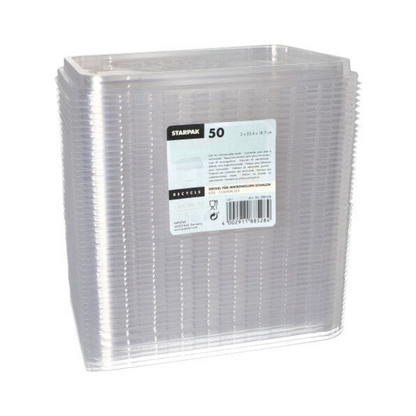 Na obrázku je vidieť stoh priehľadných plastových viek s nápisom „Starpak veko pre mikrovlnné misky“. Na etikete vpredu sú uvedené detaily produktu, vrátane symbolu recyklácie a čiarového kódu v dolnej časti.