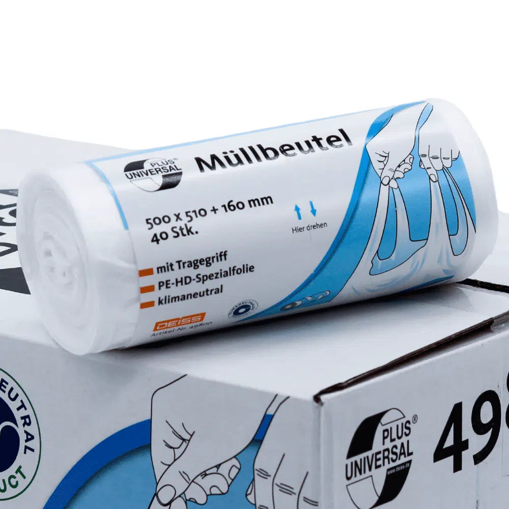 Rolka DEISS Universal Plus vriec na odpad s produktovým číslom 49800 a kapacitou 20 litrov, ako aj praktickým úchytom, je prezentovaná na kartóne. Etiketa uvádza rozmery 500 x 510 + 160 mm a obsahuje 40 odolných vriec. Na etikete sú tiež uvedené informácie o ekologických vlastnostiach v nemeckom jazyku. Tento produkt ponúka značka EMIL DEISS KG (GmbH + Co.).