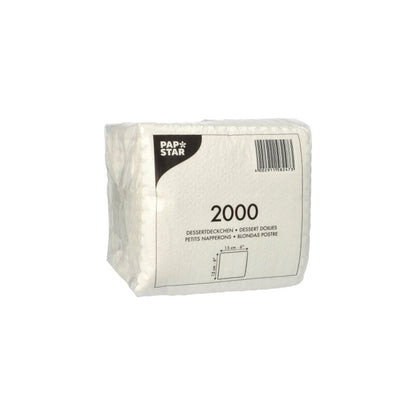 Zapečatené balenie PAPSTAR dezertných obrúskov 15x15 cm, biele (2000 kusov) od PAPSTAR GmbH, ideálne ako biela dezertná podložka v gastronómii; obdĺžnikové servítky naskladané v priehľadnom plaste s viacjazyčným textom a čiarovým kódom.