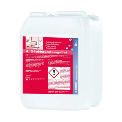 Biely plastový kanister s nemeckým nápisom „Dr. Becher SR 100 Sanitárny čistiaci prostriedok Fresh“ v červenej a modrej farbe. Obsahuje varovné symboly a čiarový kód.