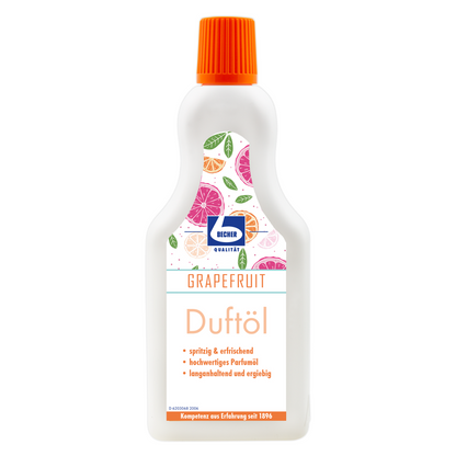 Fľaša Dr. Becher vonného oleja na umývanie riadu s vôňou grapefruitu, farebným dizajnom citrusových plodov na etikete, oranžovým uzáverom a bielou fľašou s nemeckým textom, ktorý zdôrazňuje vlastnosti: „osviežujúci & svieži“ od Dr. Becher GmbH.