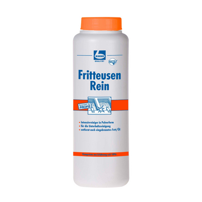 Eine weiße Kunststoffflasche mit orangefarbenem Verschluss mit der Aufschrift „Dr. Becher Fritteusen Rei, Pulver“ der Dr. Becher GmbH mit blau-oranger Grafik als professioneller pulverförmiger Intensiv-Friteusenreiniger zum Entfernen von eingebranntem Fett.