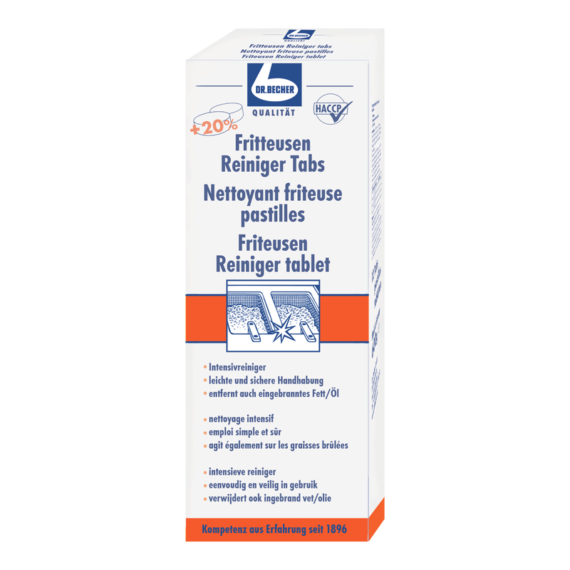 Krabica Dr. Becher tabliet na čistenie fritéz na čistenie fritéz, s informáciami v nemčine, ktoré ukazujú o 20 % vyššie množstvo. Balenie je biele a modré a nesie text spoločnosti Dr. Becher GmbH.