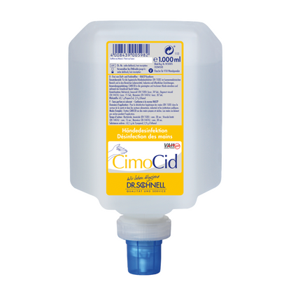 Priesvitná plastová fľaša obdĺžnikového tvaru od DR.SCHNELL GmbH & Co. KGaA s nápisom „Dr. Schnell CIMOCID Alkoholová dezinfekcia rúk“ a modrým uzáverom na dne obsahuje 1000 ml dezinfekčného prostriedku na ruky. Etiketa obsahuje viacjazyčné pokyny a informácie o produkte pre hygienickú dezinfekciu.
