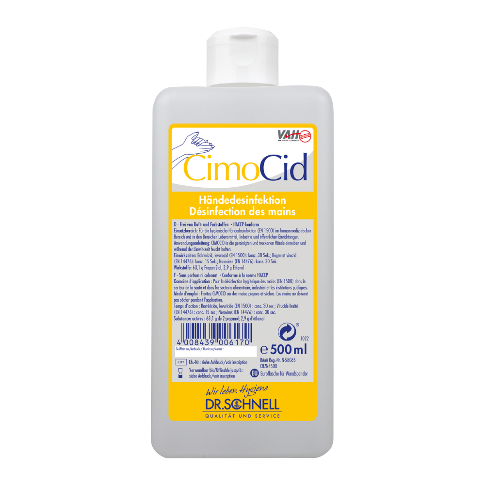 500 ml fľaša Dr. Schnell CIMOCID Alkoholová dezinfekcia rúk je opatrená žltou etiketou s textom v nemčine a francúzštine, ktorá obsahuje pokyny na hygienickú dezinfekciu rúk. Fľaša je vybavená bielym klapkovým uzáverom a v ľavom dolnom rohu má čiarový kód pre pohodlný prístup k detailom produktu, vyrobená spoločnosťou DR.SCHNELL GmbH & Co. KGaA.