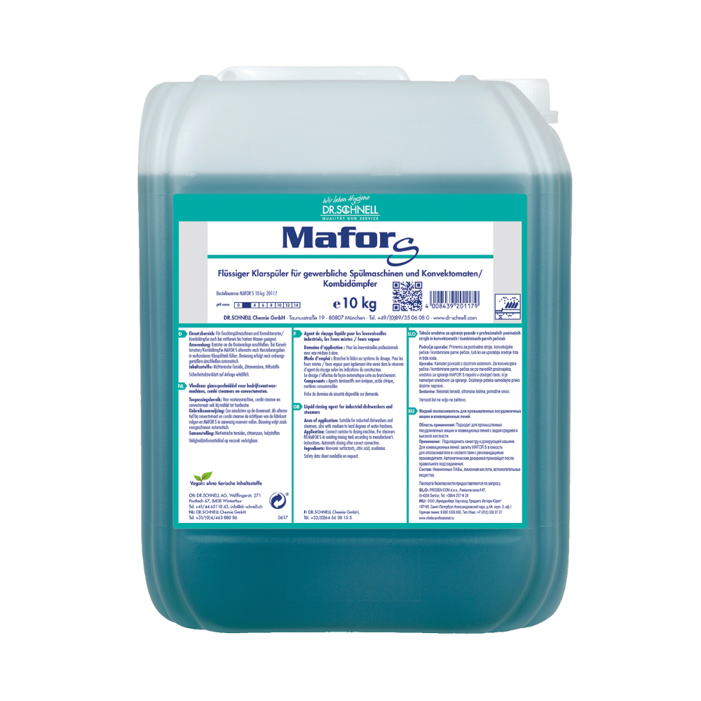 10 kg nádoba Dr. Schnell MAFOR S kyslý oplachovací prostriedok pre komerčné umývačky riadu spoločnosti DR.SCHNELL GmbH & Co. KGaA obsahuje modrozelený roztok, ktorý je viditeľný cez priesvitné balenie. Etiketa obsahuje informácie o produkte a návod na použitie v nemeckom jazyku a hrdo zobrazuje európsky ekologický znak, ktorý potvrdzuje jeho ekologické vlastnosti.