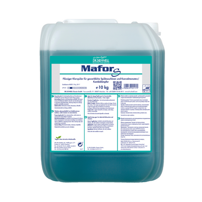 10 kg nádoba Dr. Schnell MAFOR S kyslý oplachovací prostriedok pre komerčné umývačky riadu spoločnosti DR.SCHNELL GmbH & Co. KGaA obsahuje modrozelený roztok, ktorý je viditeľný cez priesvitné balenie. Etiketa obsahuje informácie o produkte a návod na použitie v nemeckom jazyku a hrdo zobrazuje európsky ekologický znak, ktorý potvrdzuje jeho ekologické vlastnosti.