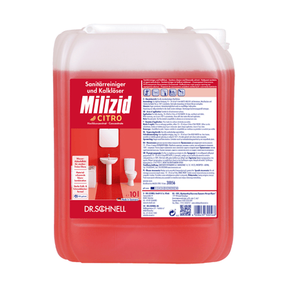 Červený kontajner s Dr. Schnell Milizid Citro sanitárneho čističa a odstraňovača vodného kameňa od DR.SCHNELL GmbH & Co. KGaA. Etiketa zobrazuje obrázky toalety a pisoára, ako aj pokyny a detaily produktu, ktoré zdôrazňujú silné čistiace vlastnosti produktu.