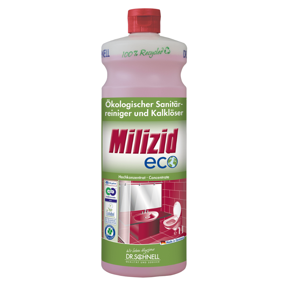 Fľaša „Dr. Schnell Milizid ECO sanitárny čistič a odstraňovač vodného kameňa“ značky DR.SCHNELL GmbH & Co. KGaA hrdo nesie environmentálny znak. Na etikete sú obrázky umývadla a toalety, ktoré zdôrazňujú vysokú koncentráciu. Ružová fľaša s červeným uzáverom má na hrdle fľaše nápis „100 % recyklované“.