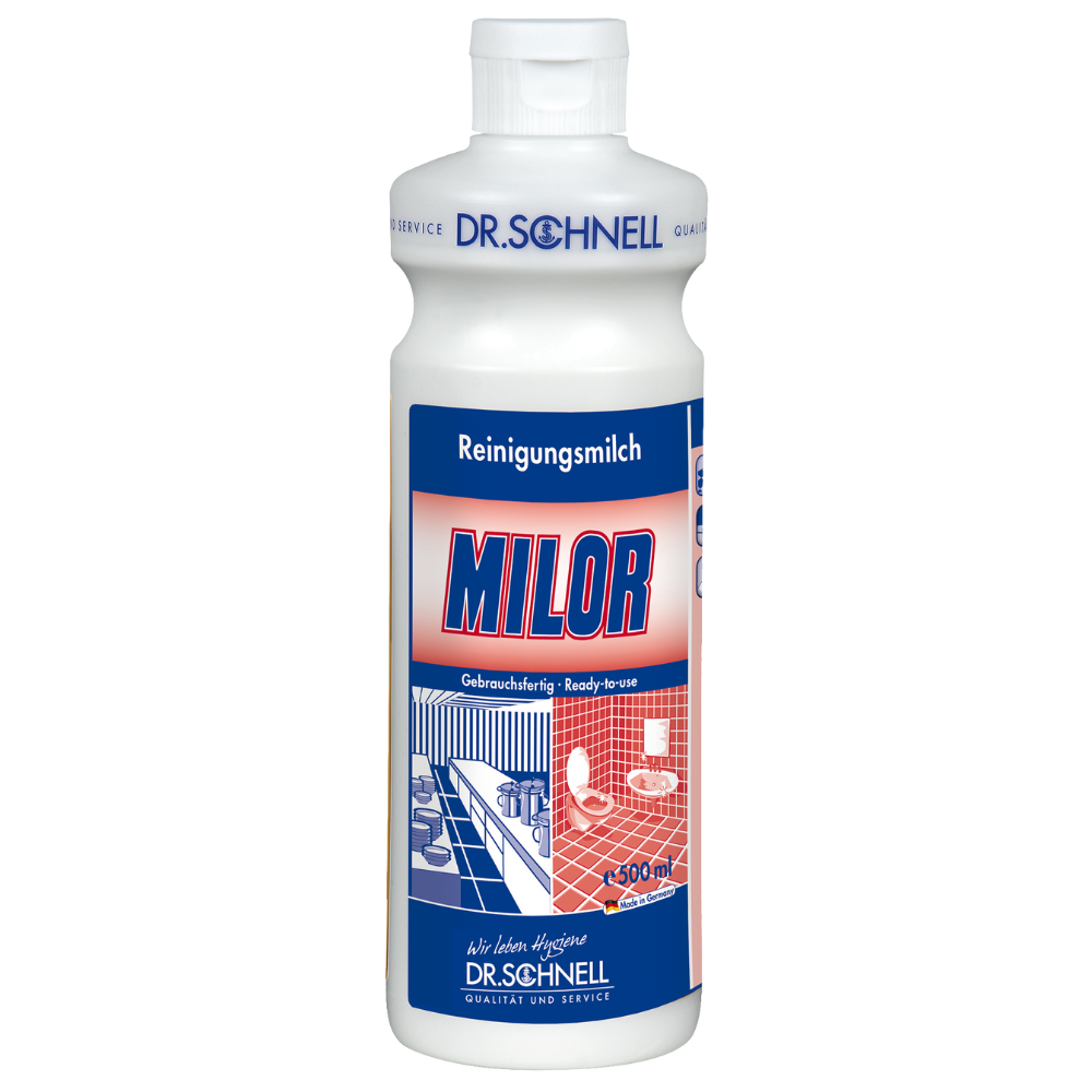 500 ml biela plastová fľaša Dr. Schnell Milor čistiace mlieko (bez kyseliny) od DR.SCHNELL GmbH & Co. KGaA, s modro/červenou nemeckou etiketou, na ktorej sú zobrazené dlaždice a umývadlo; ideálne na odstránenie vápenatých usadenín na vodovzdorných povrchoch.