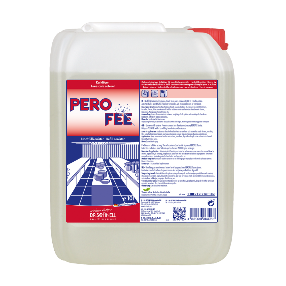 Veľký biely plastový kontajner s červeným vrchnákom nesie nápis „Dr. Schnell PeroFee odstraňovač vodného kameňa, pripravený na použitie“, je opatrený nemeckým textom a obrázkom štylizovanej kúpeľne s umývadlom a zrkadlami, a preto je ideálny pre kyselinovzdorné povrchy. 10-litrový kontajner vyrobený firmou DR.SCHNELL GmbH & Co. KGaA je navrhnutý na skladovanie čistiacich roztokov.