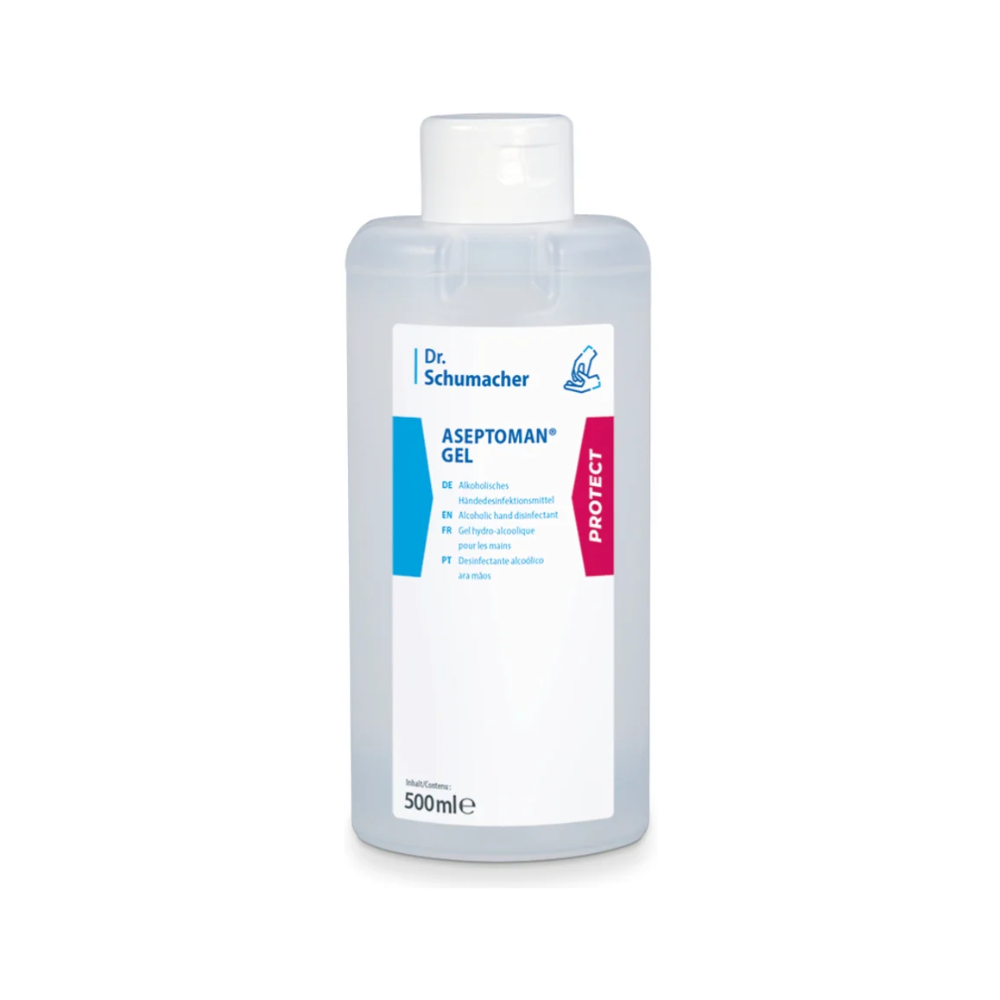 Eine transparente Flasche Dr. Schumacher Aseptoman® Gel Händedesinfektionsgel der Dr. Schumacher GmbH mit mehrsprachiger Beschriftung und hautfreundlicher Formel mit 500 ml Fassungsvermögen.