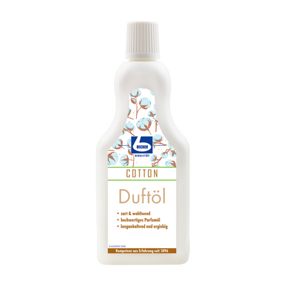 Fľaša aviváže Dr. Becher vonného oleja s etiketami v modrej a zelenej farbe, ktoré zdôrazňujú vlastnosti ako „bezpečný pre vlnu“ a „dlhotrvajúci parfum“. Balenie je biele.