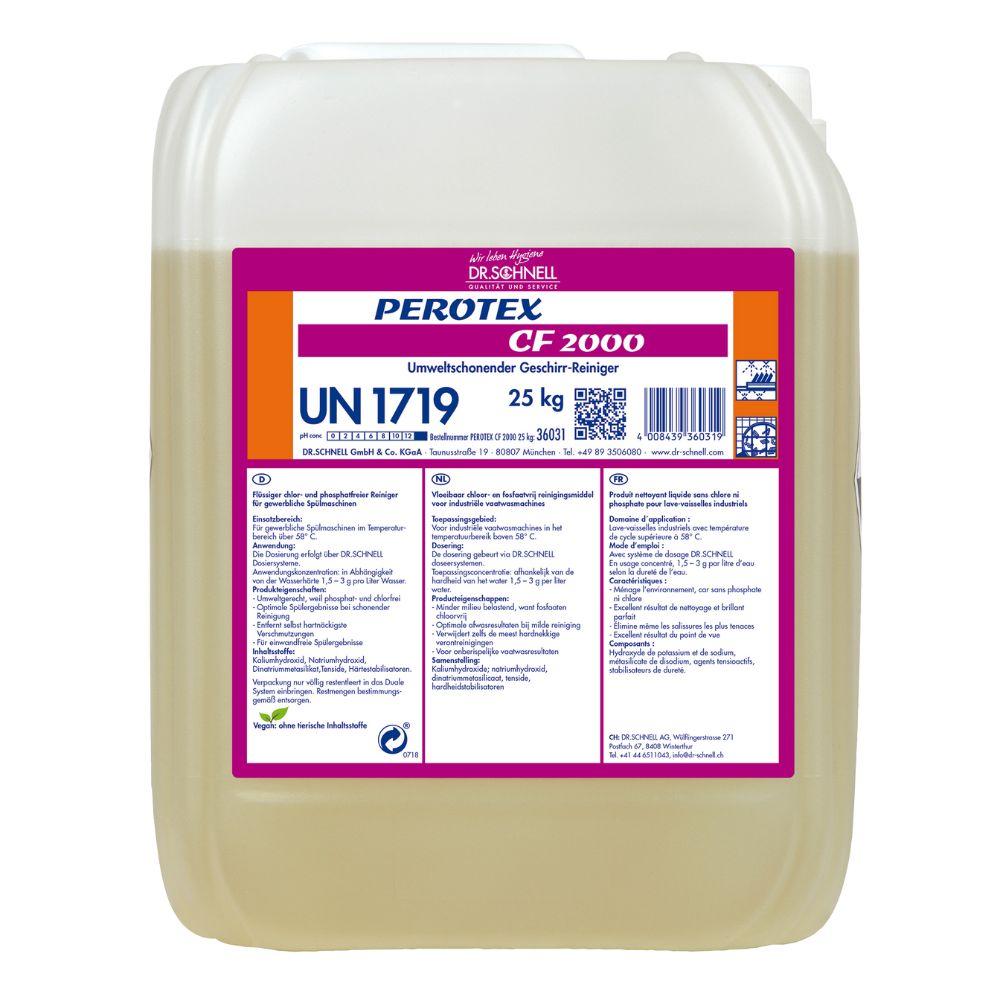 25 kg plastová nádoba s Dr. Schnell PEROTEX CF 2000 Bezchlórový čistič riadu od DR.SCHNELL GmbH & Co. KGaA, označená viacjazyčnými pokynmi, bezpečnostnými symbolmi a kódom nebezpečného materiálu UN 1719.
