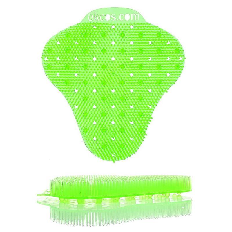 Jasnozelená ekcos Ekcoscreen pisoárová podložka - 60+ dní od Diversey Deutschland GmbH & Co. OHG má štetiny, rovnomerne rozmiestnené otvory pre hygienické čistenie a nápis "ekcos.com" na vrchnej strane. Zobrazené spredu a z boku.