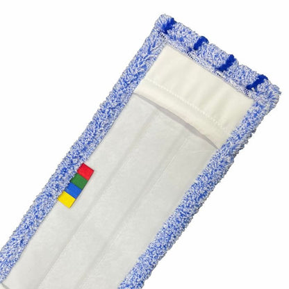 Arcora RUNNER BLUE DB - FC MIT DECKBLATT od Arcora International GmbH má obdĺžnikovú modro-bielu mikrovláknovú mopovú hlavu s bielym stredom a štyrmi farebnými príveskami - ideálny na čistenie modrých bežcov alebo iných vnútorných bežcov.