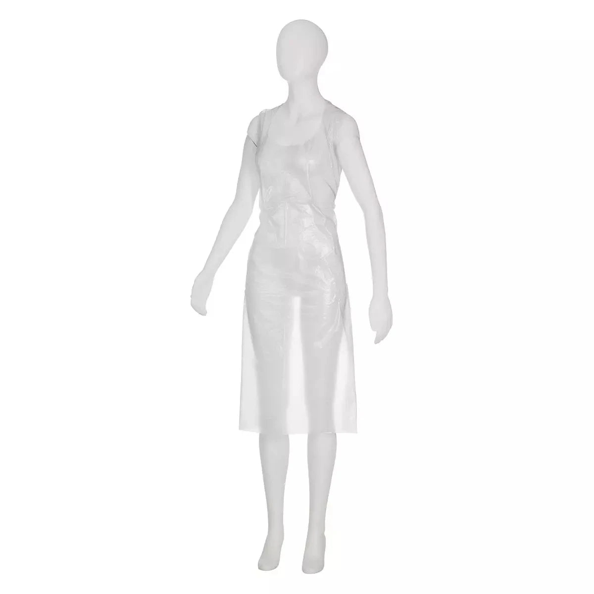 Biela figurína v obchode prezentuje jednorazové zásterky AMPri light, biele, 75 x 125 cm (balenie 100 kusov), priehľadnú jednorazovú zástierku bez rukávov, ktorá je ideálna pre hygienu a spracovanie potravín, na jednoduchom bielom pozadí.