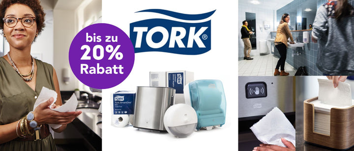 Eine Collage, die Tork-Hygieneprodukte, einschließlich Papierhandtuch- und Seifenspender, mit Menschen zeigt, die sie in Toiletten benutzen. Ein lila Kreis zeigt "bis zu 20% Rabatt". In der Mitte befindet sich das Tork-Logo.