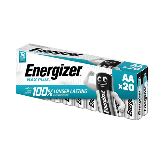 Na obrázku je 20-kusové balenie batérií Energizer Max Plus Mignon AA od spoločnosti Energizer Deutschland GmbH. Na obale je uvedená „o 100 % dlhšia životnosť“ a trvanlivosť 12 rokov. Značka „Energizer Max Plus“ je výrazne zobrazená spolu s obrázkom postavičky s rukami, čo podčiarkuje dlhú životnosť a spoľahlivosť batérie.