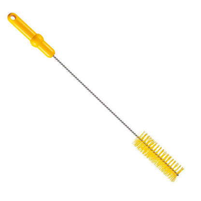 Tá Haug Bürsten KG Kefa na rúry s drôtom z nehrdzavejúcej ocele V2A, PBT, stredná, 500 x ø40 mm, žltá, má stočenú kovovú rukoväť, žltú plastovú rukoväť a štetiny na hygienické čistenie rúr na bielom podklade.