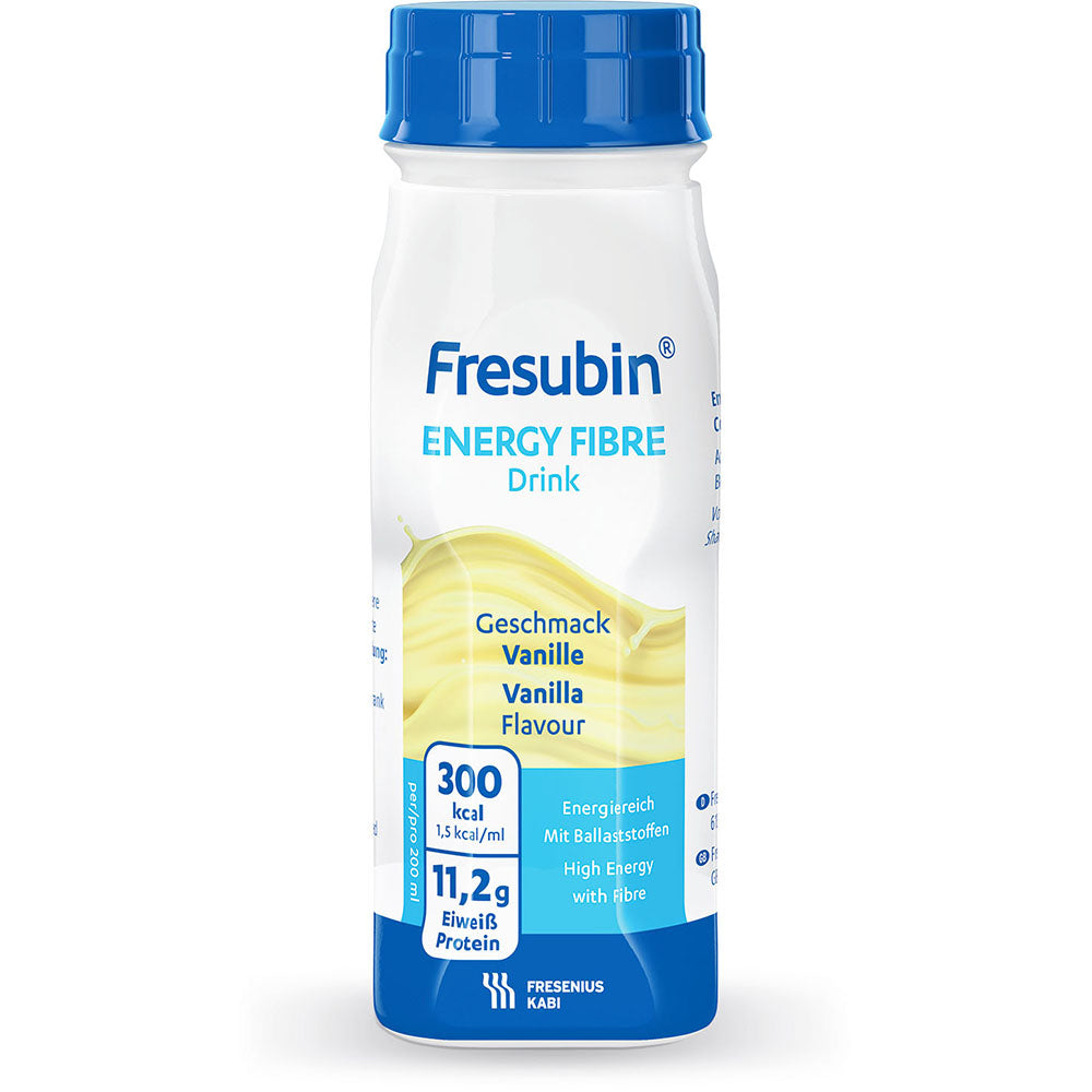 Eine 200-ml-Flasche Fresubin Energy Fibre Drink von Fresenius Kabi Deutschland GmbH, Geschmacksrichtung Vanille, ist blau-weiß beschriftet und enthält Nährwertangaben: 300 kcal, 11,2 g Eiweiß und hoher Energie- und Ballaststoffgehalt.