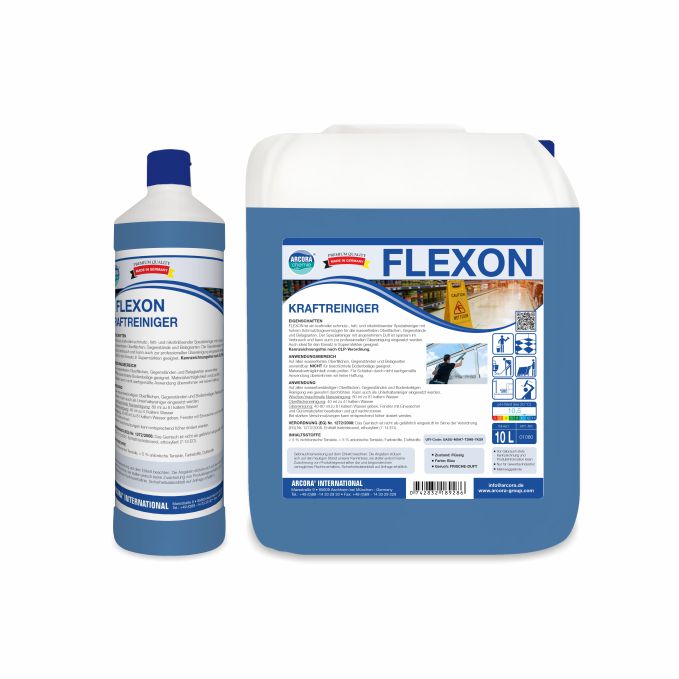 Abgebildet sind zwei Arcora FLEXON KRAFTREINIGER Gebinde der Arcora International GmbH: eine hohe Flasche und ein großer 10-Liter-Kanister, beide mit blau-weißen Etiketten, auf denen die Produktdaten des kraftvollen Reinigers stehen.