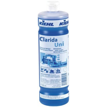 Modrá 1L fľaša Kiehl Clarida Uni údržbového čističa 6x1L - Efektívne a materiál šetriace od Johannes Kiehl KG, neutrálny univerzálny čistič, s bielym uzáverom a etiketou s informáciami o produkte a pokynmi na čistenie.