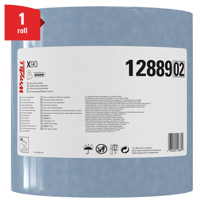 Jedna rolka WypAll® X90 PowerClean veľká rolka (modrá, 1 rolka x 450 listov, č. 12889) od Kimberly-Clark GmbH je vybavená bielym štítkom so symbolmi a červeným prúžkom "1 rolka" - ideálna na priemyselné čistenie.