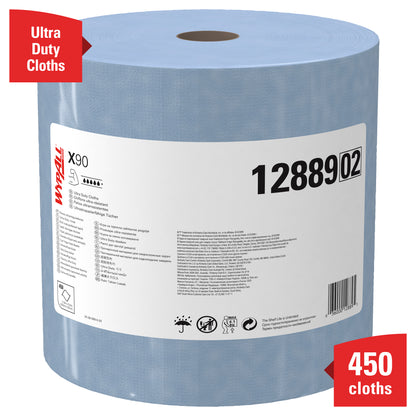 Veľká modrá rolka WypAll® X90 PowerClean od Kimberly-Clark GmbH (1 rolka x 450 listov, produkt 1288902) má biely štítok, ikony a červené prúžky s údajmi "Ultra Duty Cloths" a "450 handier".