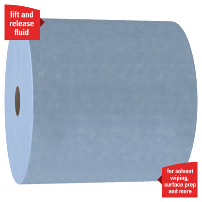WypAll® X90 PowerClean veľká rolka od Kimberly-Clark GmbH je veľká modrá rolka s 450 štruktúrovanými listami, ideálna na utieranie rozpúšťadiel a prípravu povrchov. Na červených prúžkoch je napísané "zdvihnúť a uvoľniť tekutinu" a "na utieranie rozpúšťadiel, prípravu povrchov a viac".