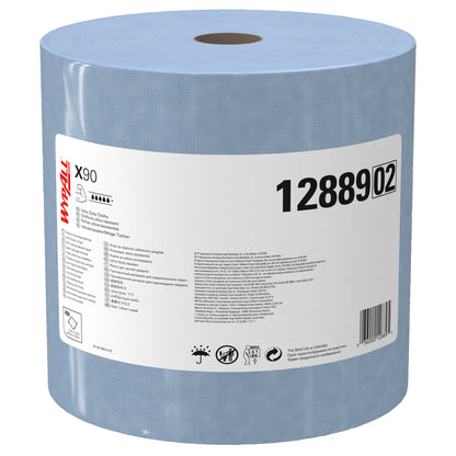 Veľká modrá WypAll® X90 PowerClean veľká rolka od Kimberly-Clark GmbH s 450 listami na rolke a produktovým kódom "1288902" stojí vzpriamene na bielom pozadí, na ktorom je pripevnený biely štítok s označením a informáciami.