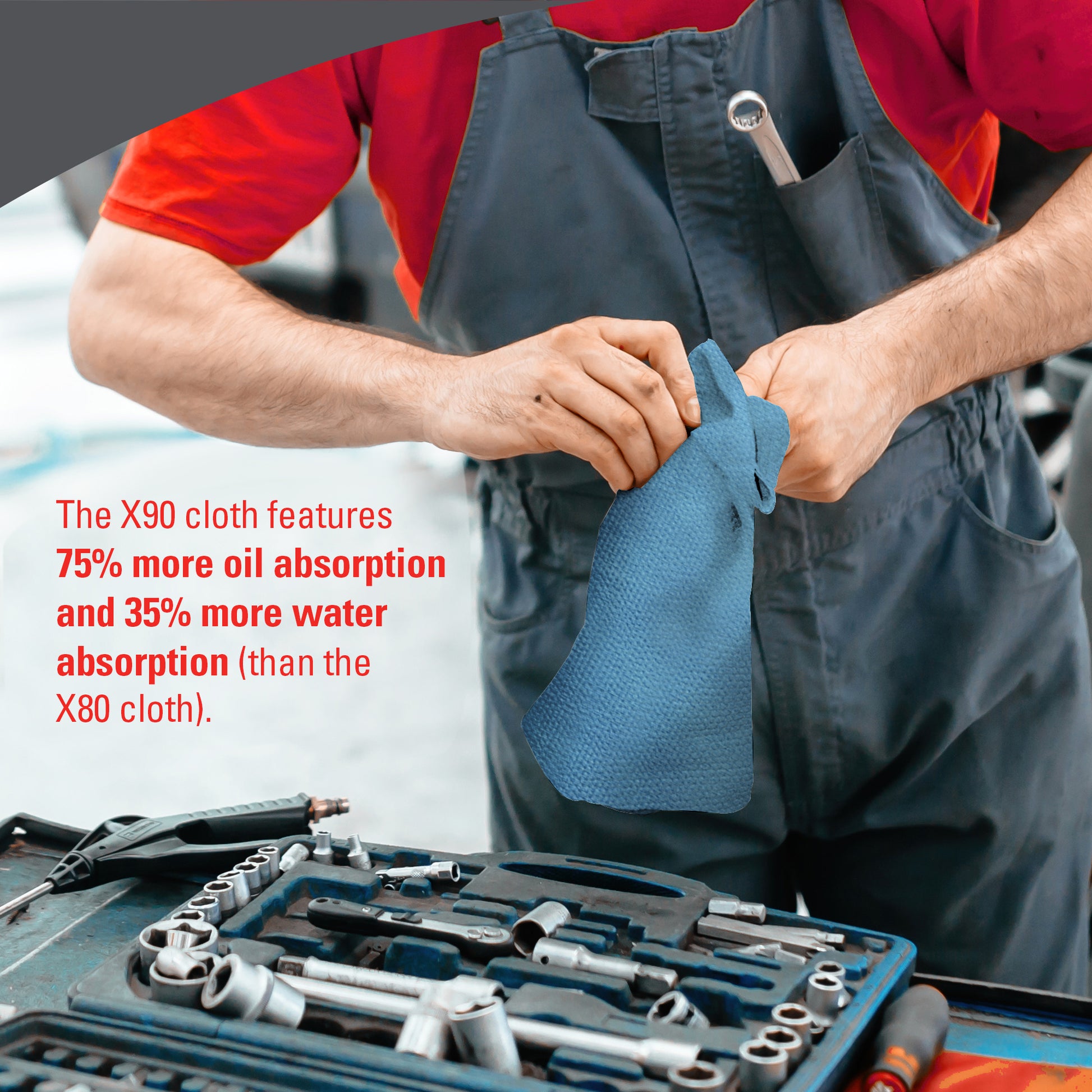 Eine Person in grauem Overall und rotem Hemd benutzt eine blaue WypAll® X90 PowerClean Großrolle (Kimberly-Clark GmbH) in der Nähe von Mechanikerwerkzeugen, um die überlegene Öl- und Wasseraufnahmefähigkeit gegenüber dem X80-Tuch hervorzuheben. 1 Rolle, 450 Blatt pro Karton.