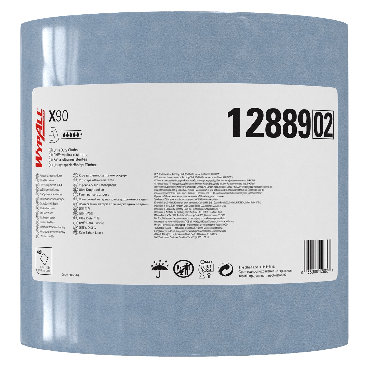 Veľká rolka modrého WypAll® X90 PowerClean (Kimberly-Clark GmbH), produktové číslo 12889, s bielym štítkom s návodmi na použitie, certifikáciami a symbolmi; obsahuje 450 listov na rolke v kartóne.