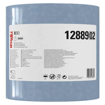 Veľká rolka modrého WypAll® X90 PowerClean (Kimberly-Clark GmbH), produktové číslo 12889, s bielym štítkom s návodmi na použitie, certifikáciami a symbolmi; obsahuje 450 listov na rolke v kartóne.