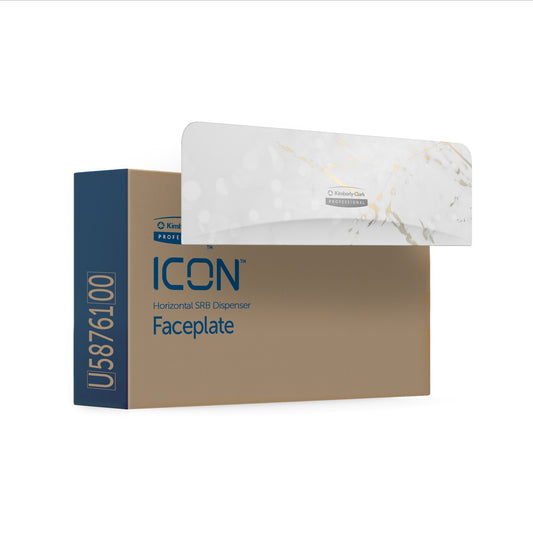 Ein Karton mit der Aufschrift "Kimberly-Clark Professional™ Icon™ Dispenser Faceplate - SRBH" von Kimberly-Clark GmbH, Code U5876100, ist oben teilweise mit einer haltbaren, marmorierten Faceplate abgedeckt.