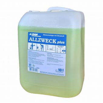 Priehľadný 10L kontajner Abena Re-Seller GmbH GastroPower univerzálny čistič, bezfarebný a bez zápachu, so zabudovanou rukoväťou. Nemecký štítok zobrazuje "ALLZWECK plus" a pokyny na použitie - ideálne pre potreby čistenia v gastronómii.