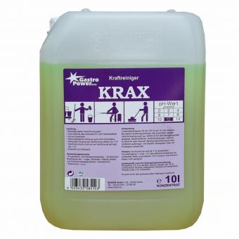 Priehľadný 10-litrový kontajner s nápisom "GastroPower Krax" od spoločnosti Abena Re-Seller GmbH, s fialovou etiketou s pokynmi a bezpečnostnými symbolmi. Žlto-zelená kvapalina je ideálna na odstraňovanie mastnoty a ako čistiaci prostriedok pre profesionálne kuchyne.