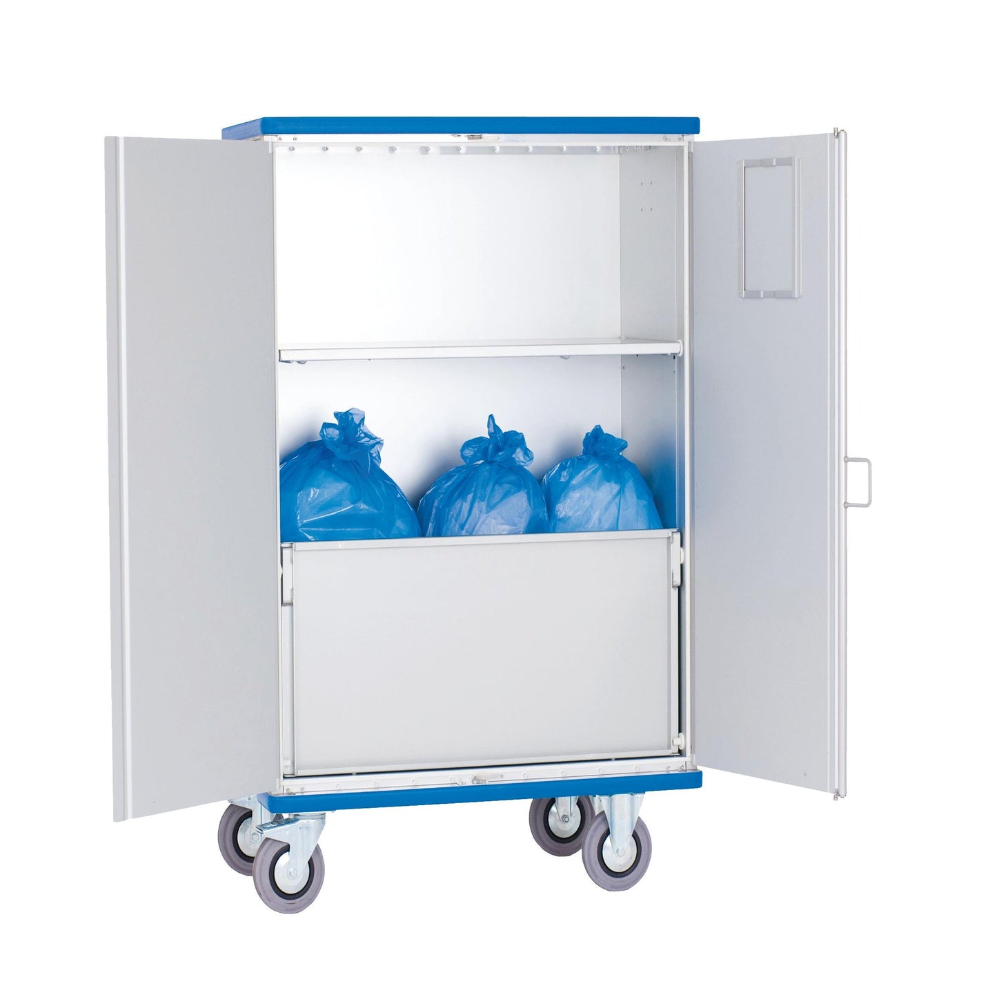 Vozík Novocal z eloxovaného hliníka s krídlovými dverami otočnými o 270° a strednou poličkou ponúka organizované skladovanie a prepravu. Štyri sivé kolieska a modrý kryt dopĺňajú praktický profesionálny vozík.