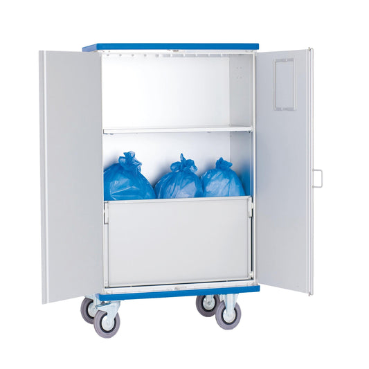 Der Novocal Schrankwagen aus eloxiertem Aluminium mit 270° schwenkbaren Flügeltüren und Mittelablage bietet organisierte Aufbewahrung und Transport. Vier graue Rollen und ein blauer Deckel runden den praktischen Profi-Schrankwagen ab.