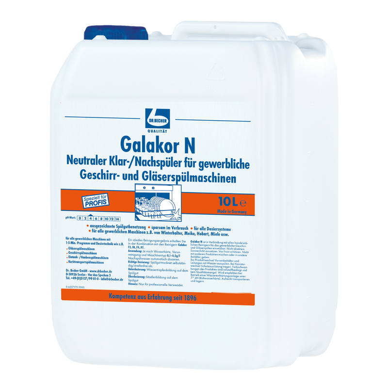 10-litrový kanister z bieleho plastu s Dr. Becher Galakor N Klar-/oplachovač pre komerčné umývačky riadu a pohárov. Etiketa v nemeckom jazyku s modrým a oranžovým písmom obsahuje pokyny na použitie a informácie o produkte. Značka: Dr. Becher GmbH.