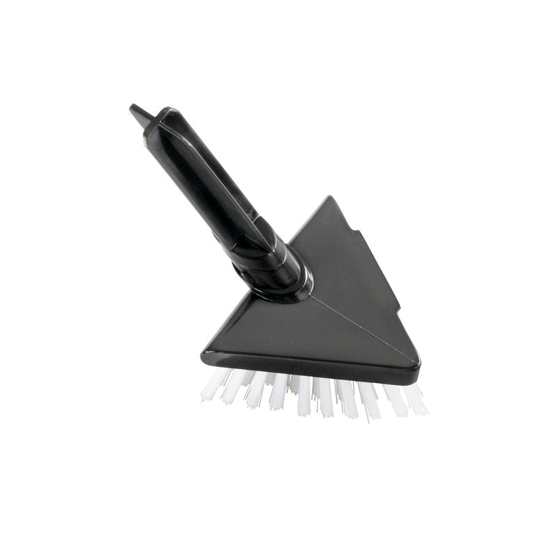 Schwarze Reinigungsbürste aus Kunststoff von Haug Bürsten KG mit dreieckigem ERSATZKOPF DREIECK PBT ø0,35MM MITTEL (für 15090/15190/15390), mit abgewinkeltem Griff und weißen Borsten. Abgebildet auf einfarbig weißem Hintergrund.