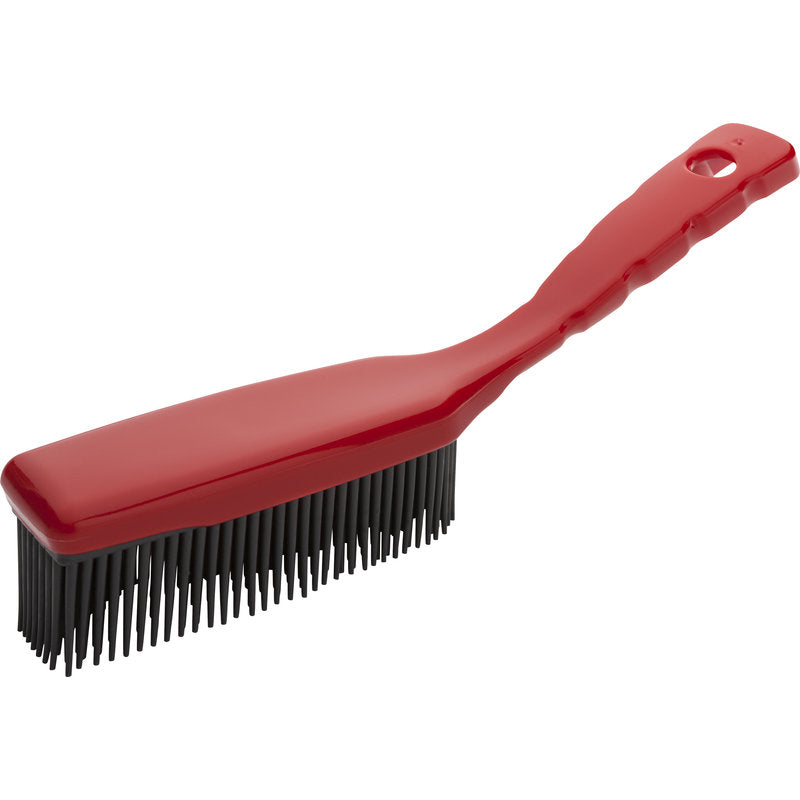 Der Haug Bürsten KG Gumminoppenhandfeger rot (1 Stück) má dlhú červenú plastovú rukoväť s otvorom na zavesenie a čierne štetiny, ideálne na čistenie hladkých povrchov. Zobrazené na bielom pozadí.