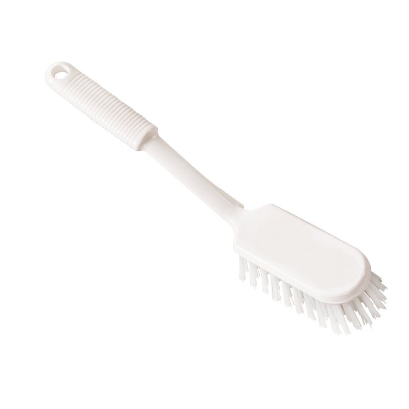 Haug Bürsten KG STIELSCHEUERBÜRSTE s priehľadnými, tuhými PBT štetinami (ø 0,50mm), 290x45x24mm, má štruktúrovanú rukoväť s otvorom na zavesenie a oválnou hlavou. Fotografované na jednofarebnom bielom pozadí.