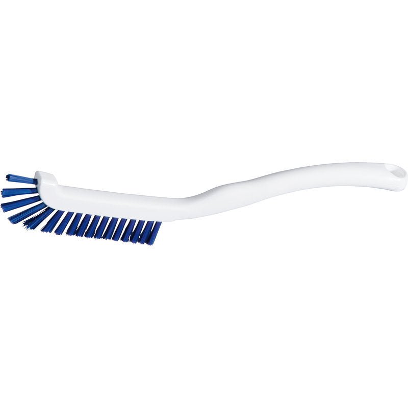 Haug Bürsten KG KLÁVESNICOVÁ KEFKA má mäkké modré PBT štetiny (Ø0,25 mm) a bielu, zakrivenú rukoväť s otvorom na zavesenie; ideálne na čistenie klávesníc. Rozmery: 220x15x19mm. Zobrazené na bielom pozadí.