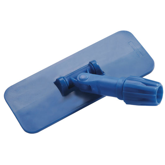 Der BODEN-PADHALTER der Haug Bürsten KG ist ein blauer, rechteckiger PP-Moppkopf (230x95x55mm) mit Doppelgelenk und Gewindemuffe für den Stielanschluss, ideal für die Bodenreinigung; abgebildet ohne Pads auf weißem Hintergrund.